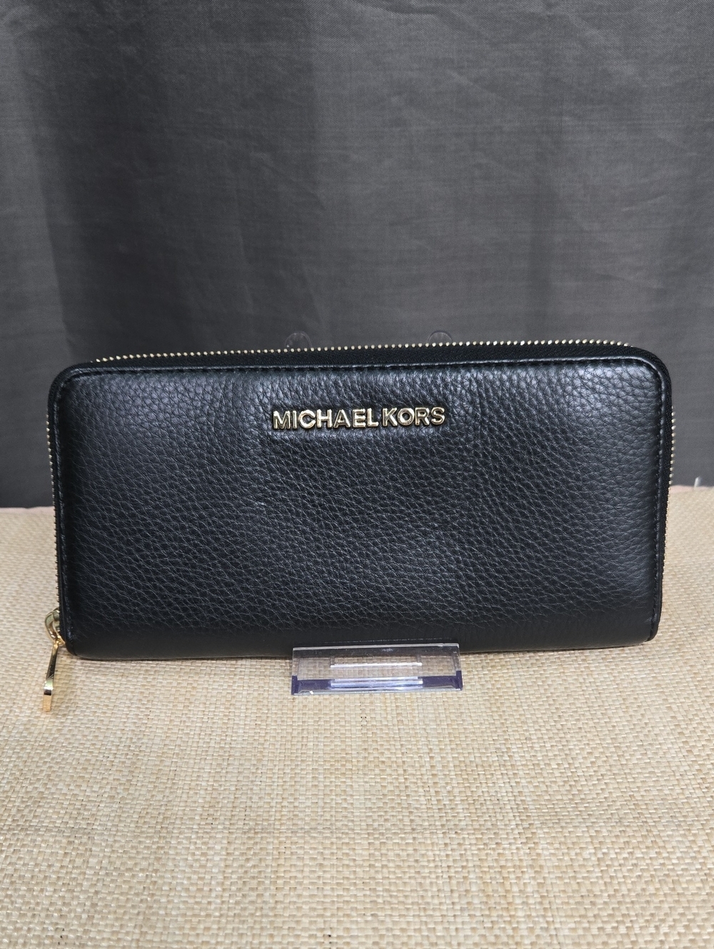 Michael Kors Black Leather Zip-Around Wallet with Gold Logo